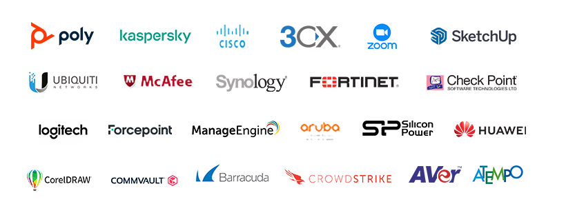 Authorized products and partners - Poly, Kaspersky, Cisco, 3CX, Zoom, Ubiquiti, McAfee, Synology, Fortinet, Logitech, and more